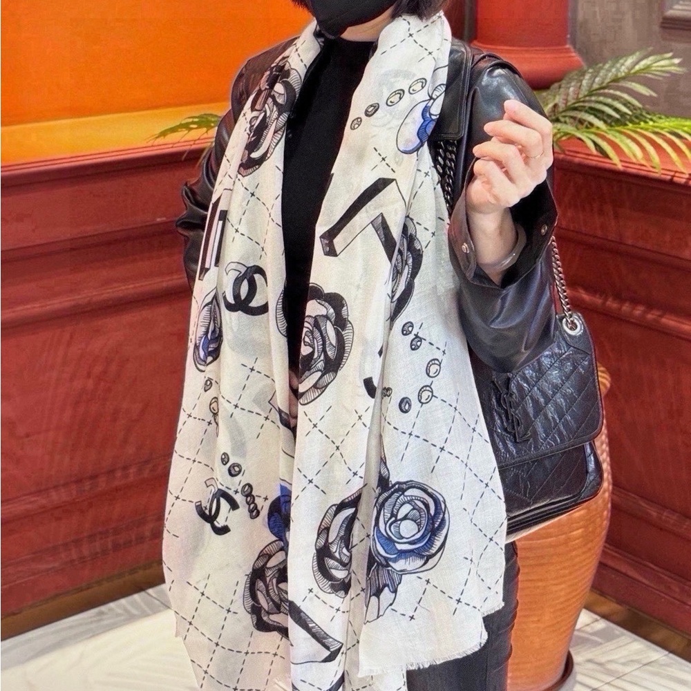 Chanel Logo Pattern Scarf with Blue and Black Accents